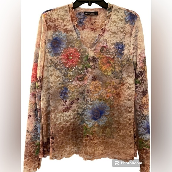 Impulse California top, muted multi colored, semi sheer with lining in front. L. - Picture 1 of 5